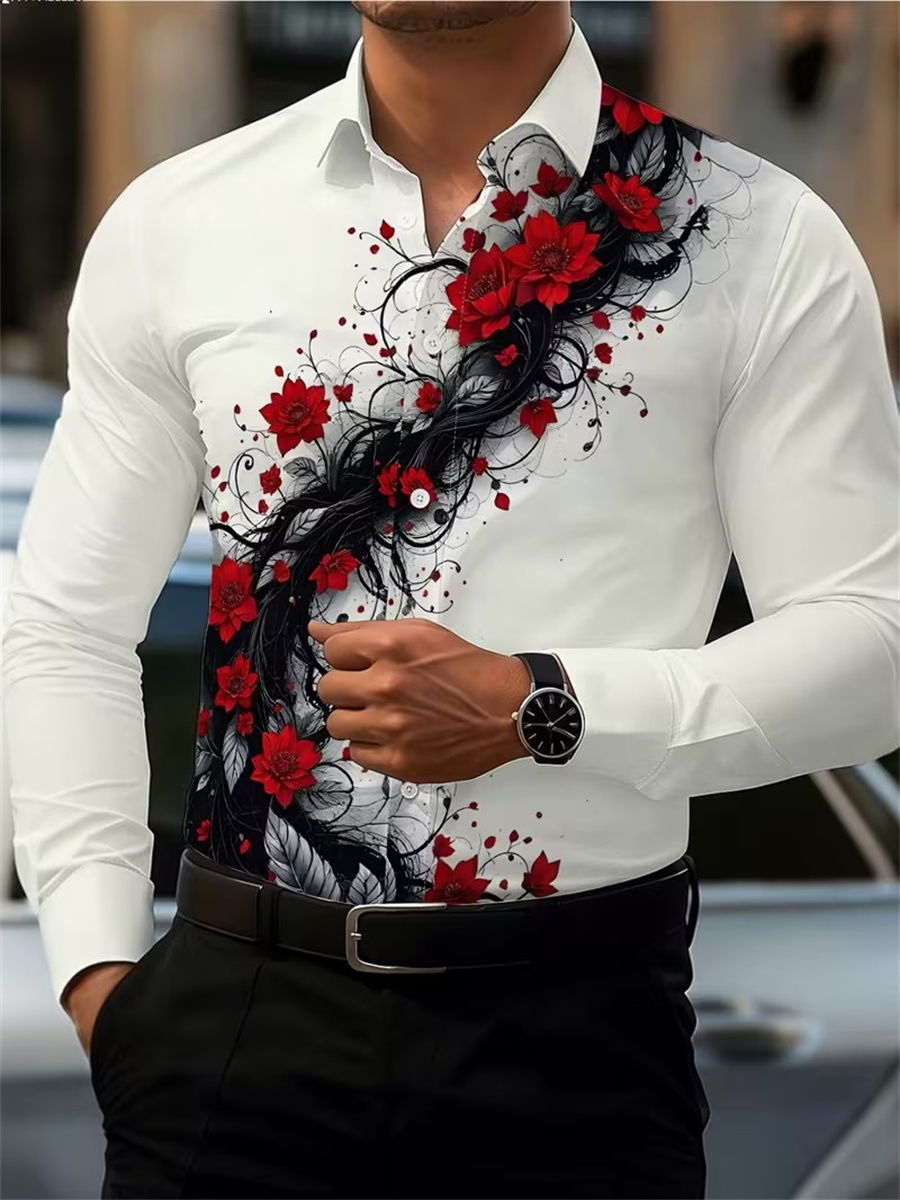 Men's Red Rose Print Long-Slee - đánh giá và giá Mens Fashion Clothes